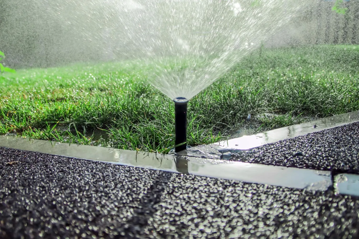 Sprinkler watering a healthy green lawn